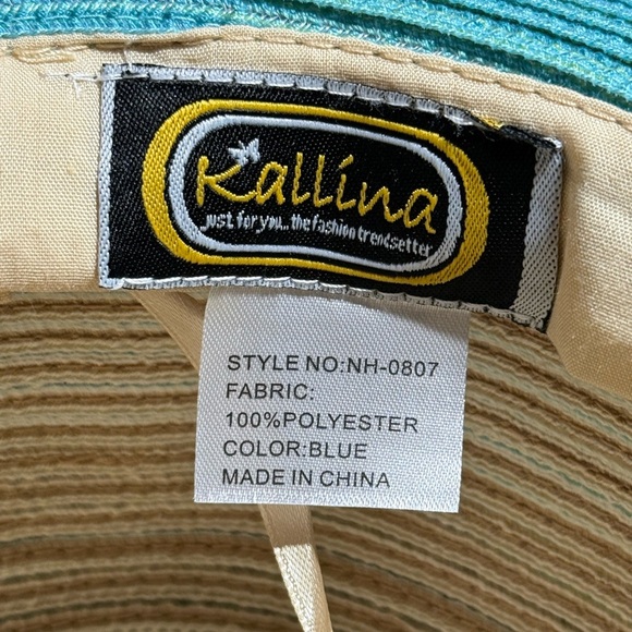 NWOT Kallina Wide Brim Sun Hat Blue Tan Beaded Butterfly Charm Sun Protection - Picture 10 of 13